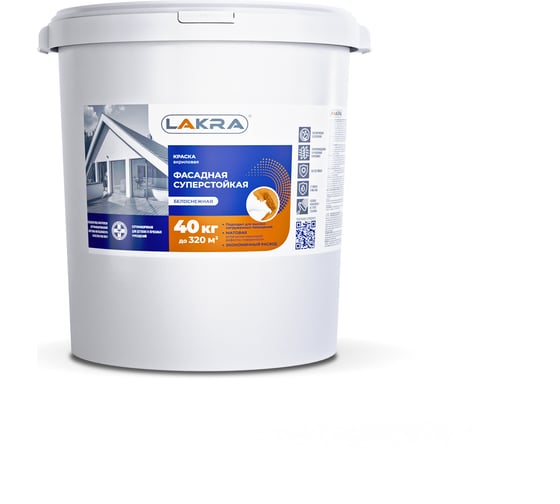 Изображение товара Фасадная краска ЛАКРА акриловая, суперстойкая, белоснежная, 40 кг 8306526 ЛА-00000096