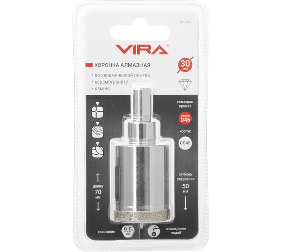 Изображение товара Алмазная коронка VIRA 30 мм по керамограниту и керамике трехгранный хвостовик 559503