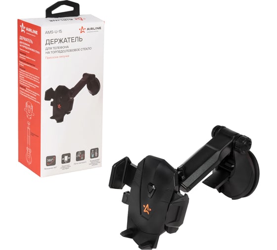 Изображение товара Держатель для телефона AIRLINE на торпедо/лобовое стекло, присоска-липучка AMS-U-15