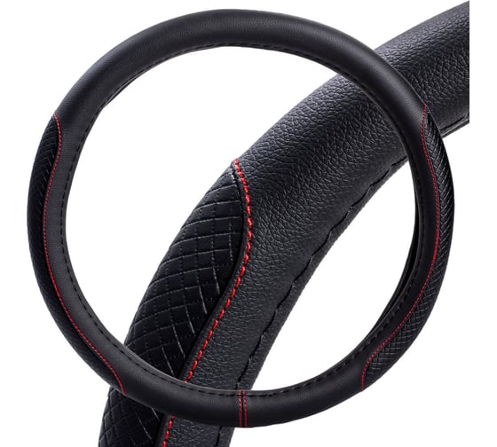 Изображение товара Оплетка на руль AIRLINE искусственная кожа, с тиснением ромб, черная, красная прошивка, 38 см/М AWS-LI-20M