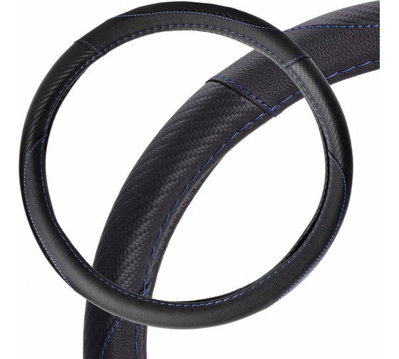 Изображение товара Оплетка на руль AIRLINE искусственная кожа, текстура карбон, черная, синяя прошивка, 38 см/М AWS-LI-16M