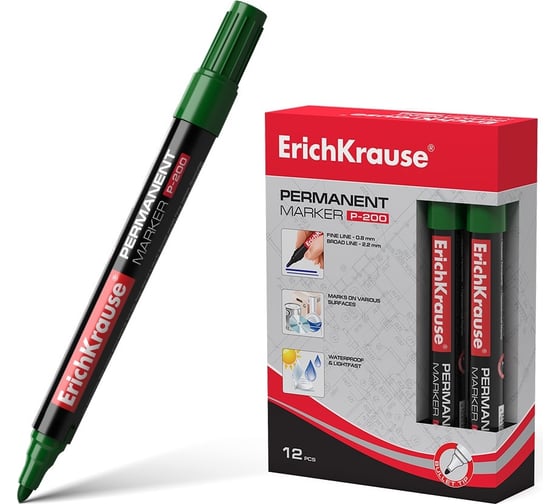 Изображение товара Перманентный маркер ErichKrause P-200 цвет чернил зеленый, в коробке по 12 шт 4780