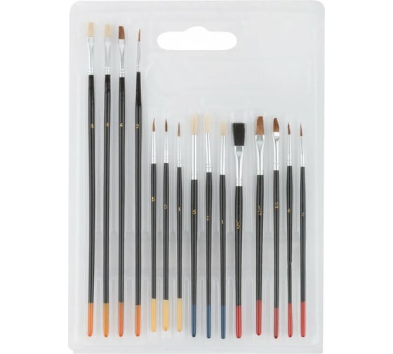 Изображение товара Кисти FIT художественные, натуральная щетина, деревянная ручка, плоские и круглые, набор 15 шт. 01535