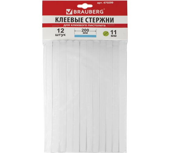 Изображение товара Клеевые стержни (12 шт; 11х200 мм; белые) BRAUBERG 670299