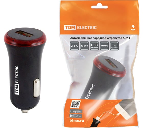 Изображение товара Автомобильное зарядное устройство TDM ELECTRIC АЗУ 1, 2.1 А, 1 USB, черный SQ1810-0201