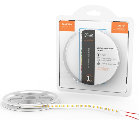 Изображение товара Лента Gauss Basic 12V 14,4W/m 1400lm/m 3000K IP20 LED 5m BT084