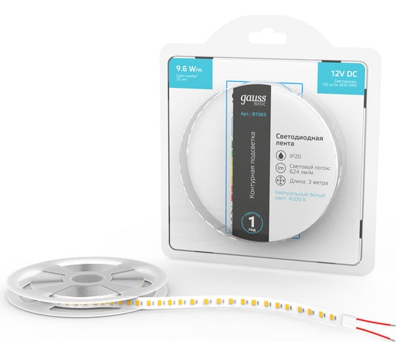 Изображение товара Лента Gauss Basic 12V 9,6W/m 624lm/m 4000K IP20 LED 3m BT063