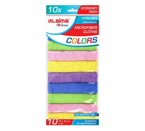 Изображение товара Салфетка из микрофибры LAIMA HOME MULTI COLOUR ECONOMY PACK 10 30x30 см, комплект 10 шт. 607794