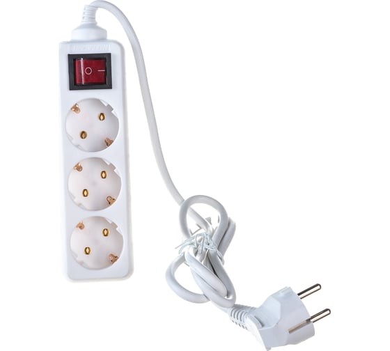 Изображение товара Бытовой удлинитель General Lighting Systems 3 розетки, с заземлением и выключателем, 1,5метра, 16А, 3500Вт, Белый GES-16-3x100-3-1,5m-S 470036
