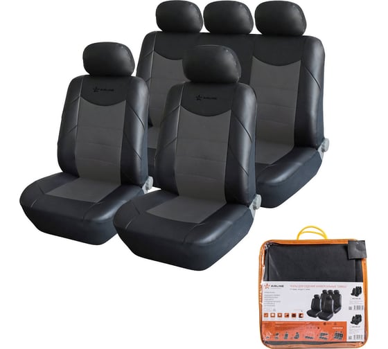 Изображение товара Чехлы для сидений AIRLINE CONSUL универсальные, 11 предетов, искусственная кожа, черный/серый ACS-UEL-07