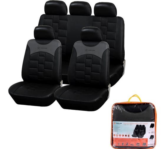 Изображение товара Чехлы для сидений AIRLINE MONARCH универсальные, 11 предметов, искусственная кожа, черный/серый ACS-UEL-05