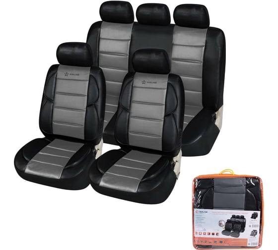 Изображение товара Чехлы для сидений AIRLINE PREMIER универсальные, 11 предметов, повышенный комфорт, искусственная кожа, черный/серый ACS-UEL-09