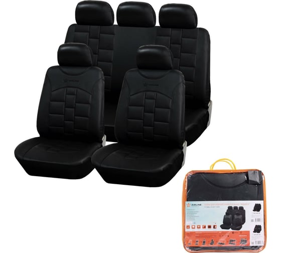 Изображение товара Чехлы для сидений AIRLINE MONARCH универсальные, 11 предметов, искусственная кожа, черный ACS-UEL-04