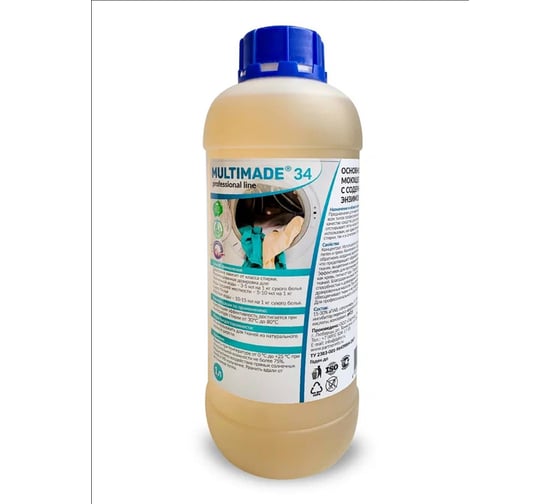 Изображение товара Основное моющее средство Мультимэйд 34 с содержанием энзимов профессиональная стирка, 1л 4607002302628