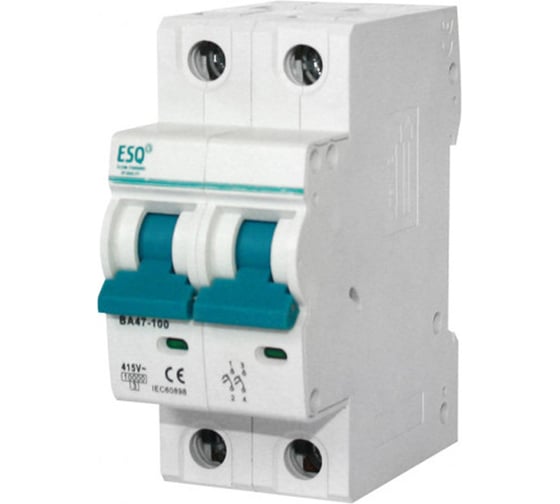 Изображение товара Автоматический выключатель ESQ ВА 47-100 2 полюса, 2А, ток короткого замыкания 10кА, хар-ка С 14.03.03.000018