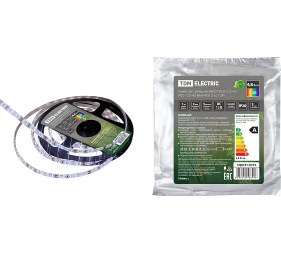 Изображение товара Светодиодная лента TDM ELECTRIC SMD2835-60 LED/м-IP20-12 В-4,8 Вт/м-RGB (5 м) SQ0331-0375