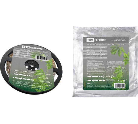 Изображение товара Светодиодная лента TDM ELECTRIC SMD3528-240-20-12-192-3200 240LED/м, IP20, 12В, 19,2Вт, 3200К, SQ0331-0087