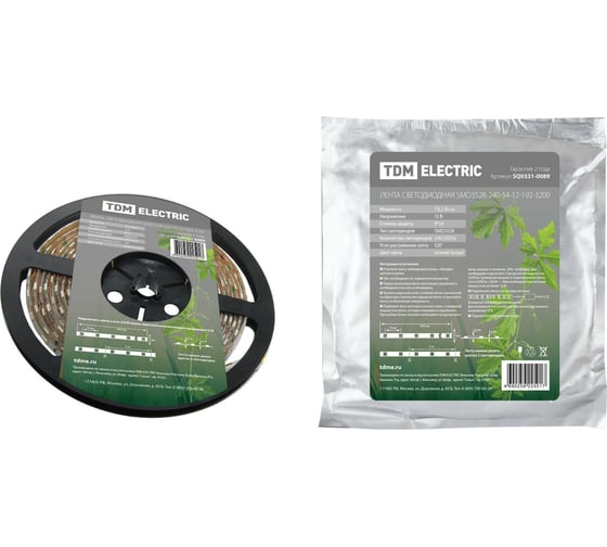 Изображение товара Светодиодная лента TDM ELECTRIC SMD3528-240-54-12-192-3200 240LED/м, IP54, 12В, 19,2Вт, 3200К, SQ0331-0089