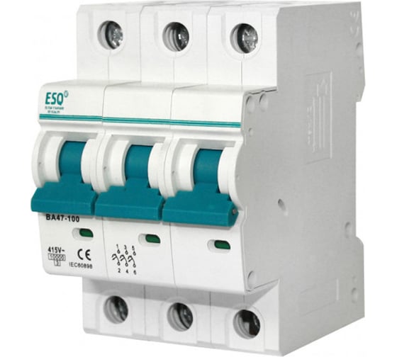 Изображение товара Автоматический выключатель ESQ ВА 47-100 3 полюса, 3А, ток короткого замыкания 10кА, хар-ка С 14.03.03.000026