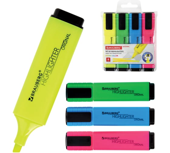 Изображение товара Набор текстовыделителей BRAUBERG ORIGINAL NEON 4 цвета, линия 1-5 мм 152215