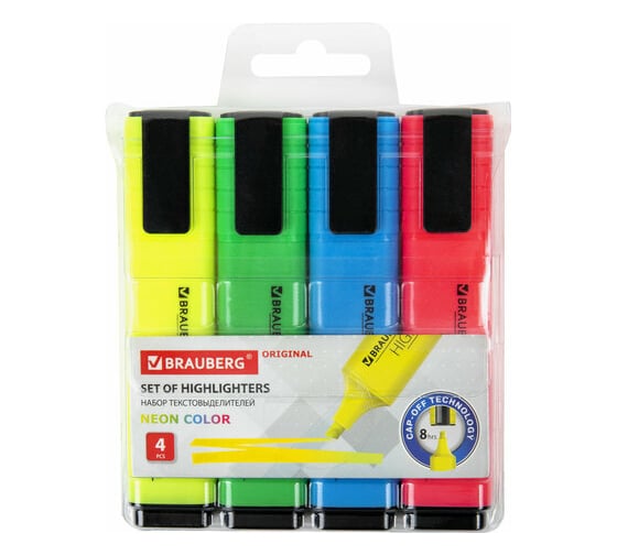 Изображение товара Набор текстовыделителей BRAUBERG ORIGINAL NEON 4 цвета, линия 1-5 мм 152215