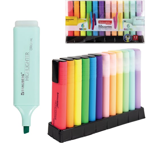 Изображение товара Набор текстовыделителей BRAUBERG ORIGINAL 12 цветов, линия 1-5 мм 152217