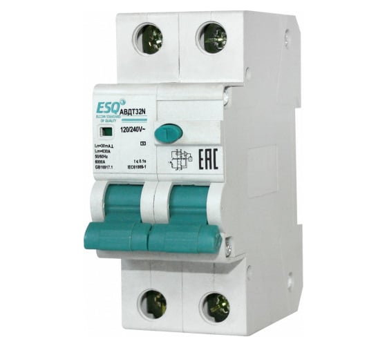 Изображение товара Автоматический выключатель дифференциального тока ESQ АВДТ-32N 1P+N 10А, 30мА, 6кА, хар-ка С, электронный, тип АС 14.03.06.000008