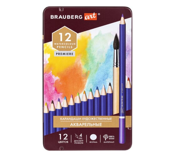Изображение товара Художественные акварельные цветные карандаши BRAUBERG ART PREMIERE, 12 цветов, грифель 4 мм металл 181533