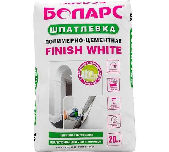 Изображение товара Шпатлевка БОЛАРС Finish White полимерно-цементная, 20 кг 00000037752