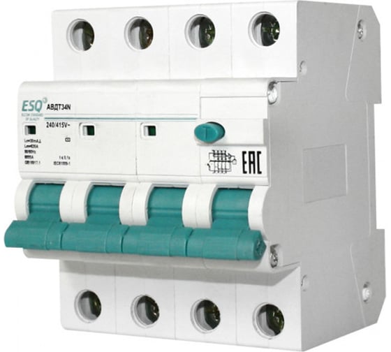 Изображение товара Автоматический выключатель дифференциального тока ESQ АВДТ-34N 3P+N 16А, 10mA, 4.5кА, хар-ка С, электронный, тип АС 14.03.06.000094