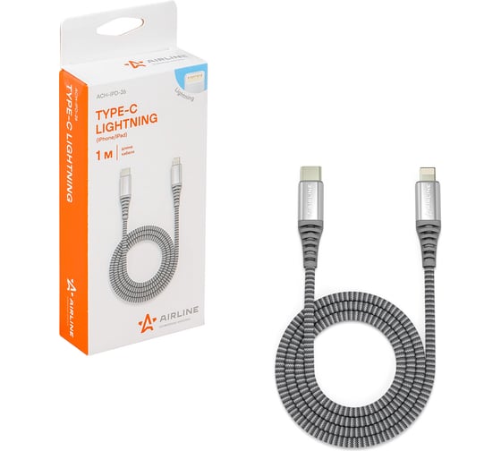 Изображение товара Кабель AIRLINE Type-C - Lightning Iphone/IPad поддержка PD 1м, черный нейлоновый ACH-IPD-26