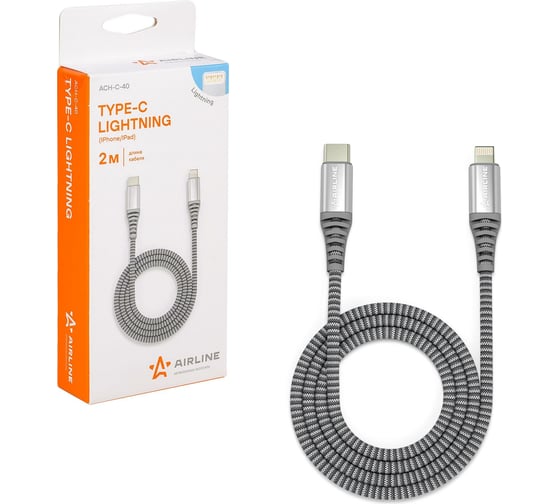 Изображение товара Кабель AIRLINE Type-C - Lightning Iphone/IPad поддержка PD 2м, серый нейлоновый ACH-C-40