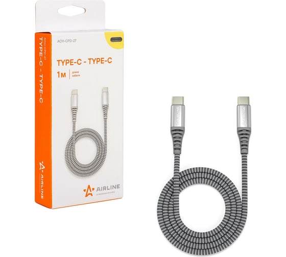 Изображение товара Кабель AIRLINE Type-C - Type-C поддержка PD 1м, черный нейлоновый ACH-CPD-27