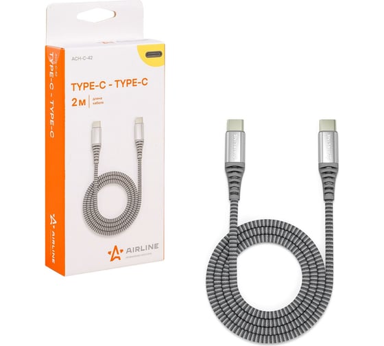 Изображение товара Кабель AIRLINE Type-C - Type-C поддержка PD 2м, серый нейлоновый ACH-C-42