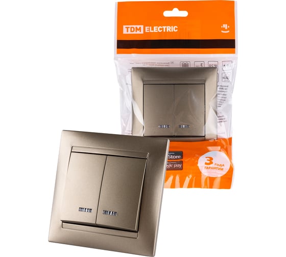 Изображение товара Выключатель 2 клавишный с подсветкой TDM ELECTRIC 10А бронза серия "Лама" SQ1815-0705