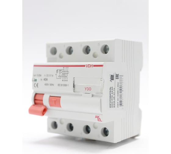 Изображение товара Устройство защитного отключения AKEL VDH-4P-40A-30mA-ТипAC 400675