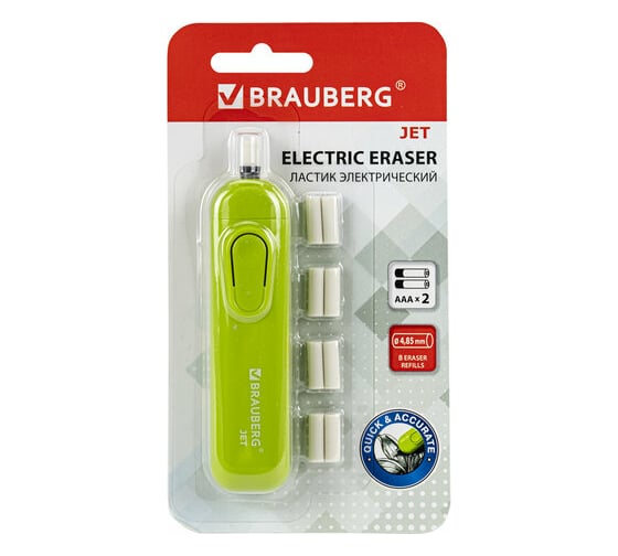 Изображение товара Электрический ластик BRAUBERG JET, питание от 2 батареек ААА, 8 сменных ластиков, салатовый 229615