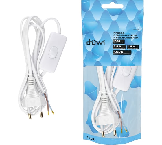 Изображение товара Провод с евроштекером и выключателем duwi белый 1,8м H 03 VV-F 2x0,5 мм 28567 0