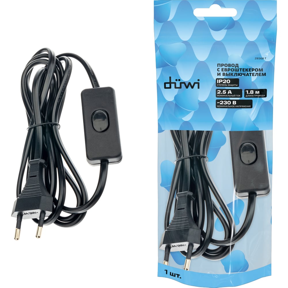 Изображение товара Провод с евроштекером и выключателем duwi 1,8 м черный