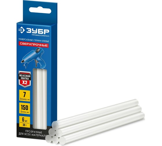 Изображение товара Прозрачные сверхпрочные клеевые стержни ЗУБР Профессионал 6 шт, 7x150 мм 06855-6