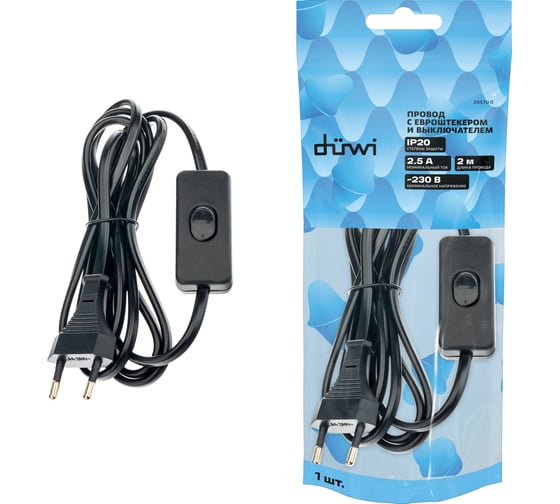 Изображение товара Провод с евроштекером и выключателем duwi черный, 2м H 03 VV-F 2x0,5 мм 28570 0