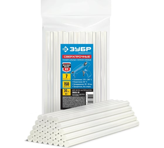 Изображение товара Прозрачные сверхпрочные клеевые стержни ЗУБР Профессионал 30 шт, 7x150 мм 06855-30