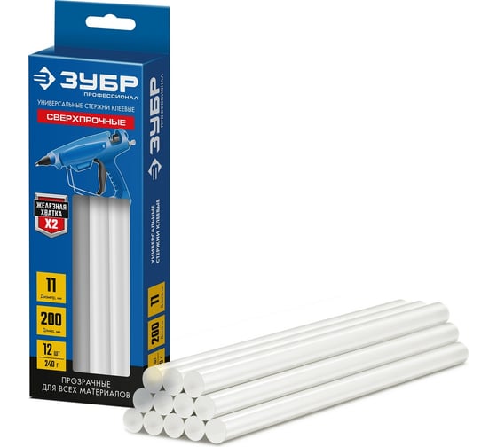 Изображение товара Прозрачные сверхпрочные клеевые стержни Профессионал ЗУБР 12 шт, 11x200 мм 06856-12