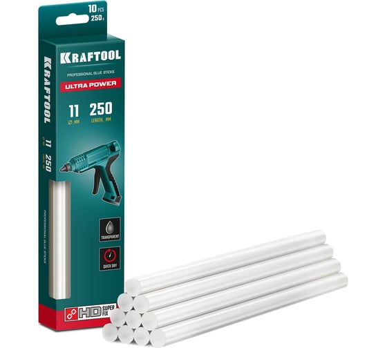 Изображение товара Ультрамощные прозрачные клеевые стержни KRAFTOOL Ultra Power 10 шт, 11x250 мм 06848-10