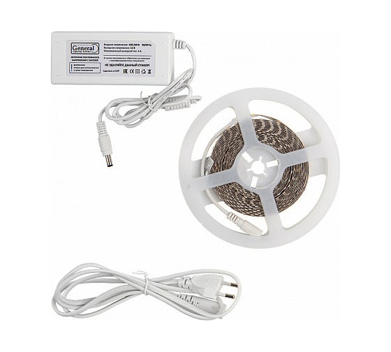 Изображение товара Лента светодиодная General Lighting Systems GLS-2835-120-9.6-12-IP20-PRO-3-5-KIT, 5 метров с адаптером, 9,6Вт/м, 12В, SMD2835, 8мм, 120 диодов/м, 7 Лм/чип, IP20, 3000К - теплый белый 501022