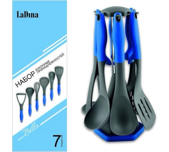 Изображение товара Набор кухонных принадлежностей Ladina на подставке, 7 предметов, нейлон 14308