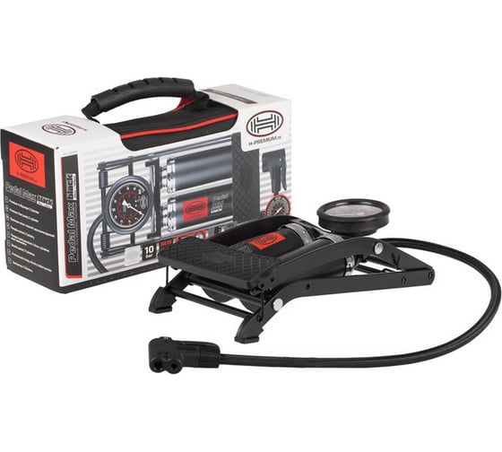 Изображение товара Ножной насос Heyner BLACK EDITION PREMIUM с манометром, 2-х цилиндровый, 10 бар, 3 адаптера, в сумке 225010