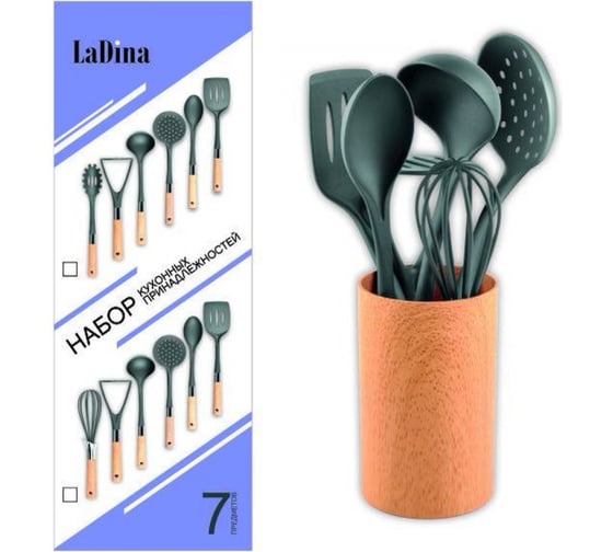 Изображение товара Набор кухонных принадлежностей Ladina на подставке, 7 предметов, нейлон, деревянные ручки 17308