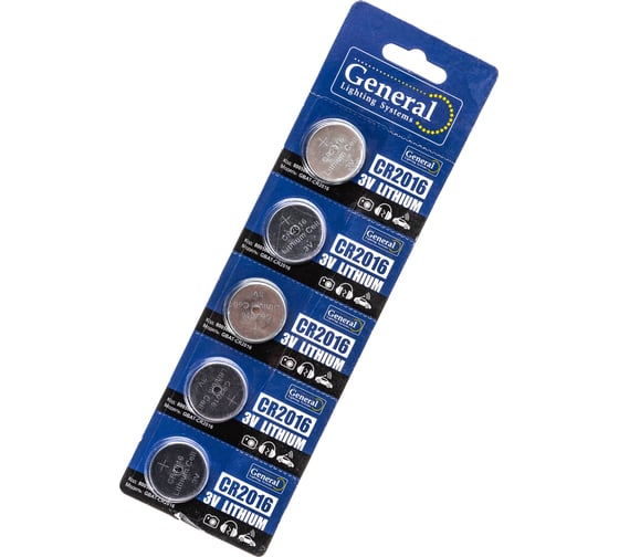 Изображение товара Батарейка General Lighting Systems GBAT-CR2016 кнопочная литиевая 5pcs/card (Рас.0) 800566