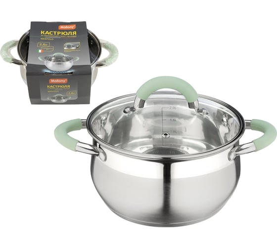 Изображение товара Кастрюля Mallony MENTOLO, 2,6 л, из нержавеющей стали с крышкой, ручки с силиконом 103576